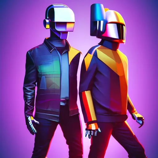 Image similar to headshot portrait of low-poly render 3D miniature daft punk kids standing back to back, twilight zone background, illustration, artgerm, octane render, inspired by Greg rutkowski, colorful, studio lighting, full body,