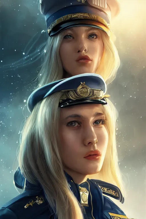 Prompt: beautiful portrait of a female officer wearing a fancy naval uniform, art by wlop and artgerm, science fiction, intricate detail, blonde hair, space background, trending on artstation, sharp focus, illustration, caustics, octane render, radiant light, 4 k