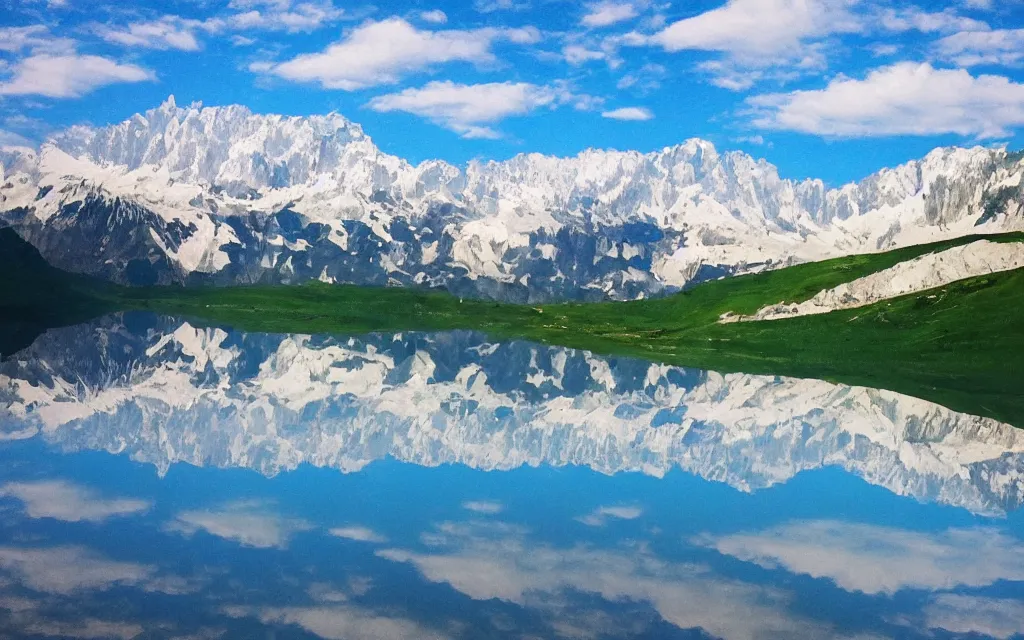 Image similar to the alps and reflection in a lake in the style of georgia o keefe