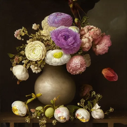 Image similar to still - life of bouquet of lilac and ranunculus with honeycomb bees and birds feathers, rachel ruysch, dark, moody