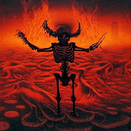 Prompt: A skeleton demon in flames made of ethernet cables floating above a lake of fire in Hell, small crosses floating in the background, by Beksinski