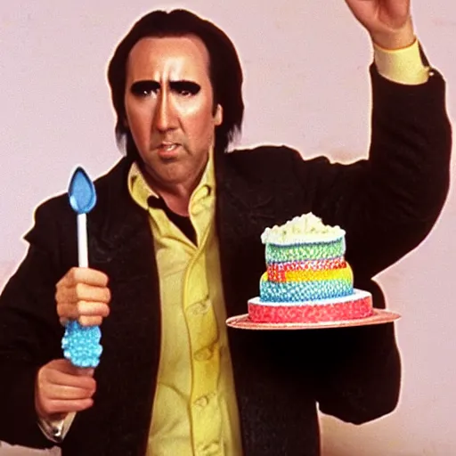 Prompt: nicholas cage holding a birthday cake in the style of 1 9 7 0 s bbc stop motion, oliver postgate