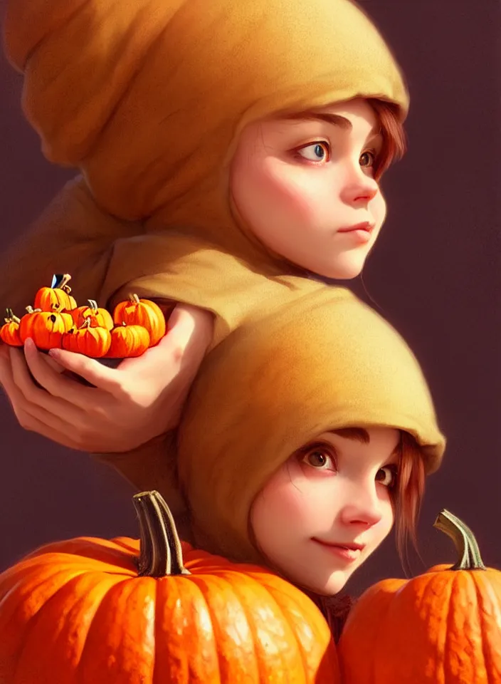 Image similar to hand drawn cute one gnomes face in autumn disguise holding pumpkin, detailed closeup face, concept art, low angle, high detail, warm lighting, volumetric, godrays, vivid, beautiful, trending on artstation, art by artgerm and greg rutkowski and alphonse mucha