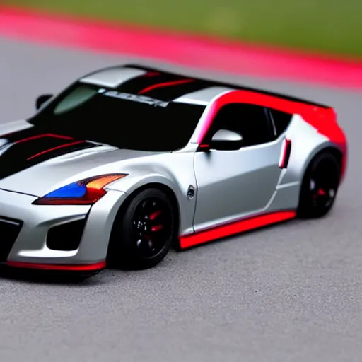 Image similar to a hotwheel supercar based on the nissan 3 7 0 z and acura nsx, it has a red and black paint, photoreal, car photography, hotwheels, supercar,