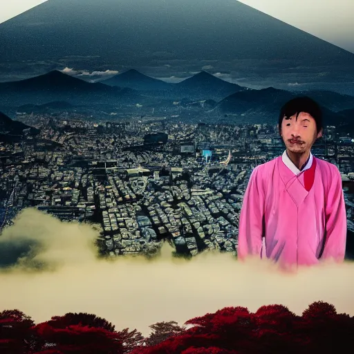 Image similar to a man walking on clouds away from the camera above kyoto by takashi murakami, beeple and james jean, aya takano color style, 4 k, super detailed, modern, 4 k, symmetrical