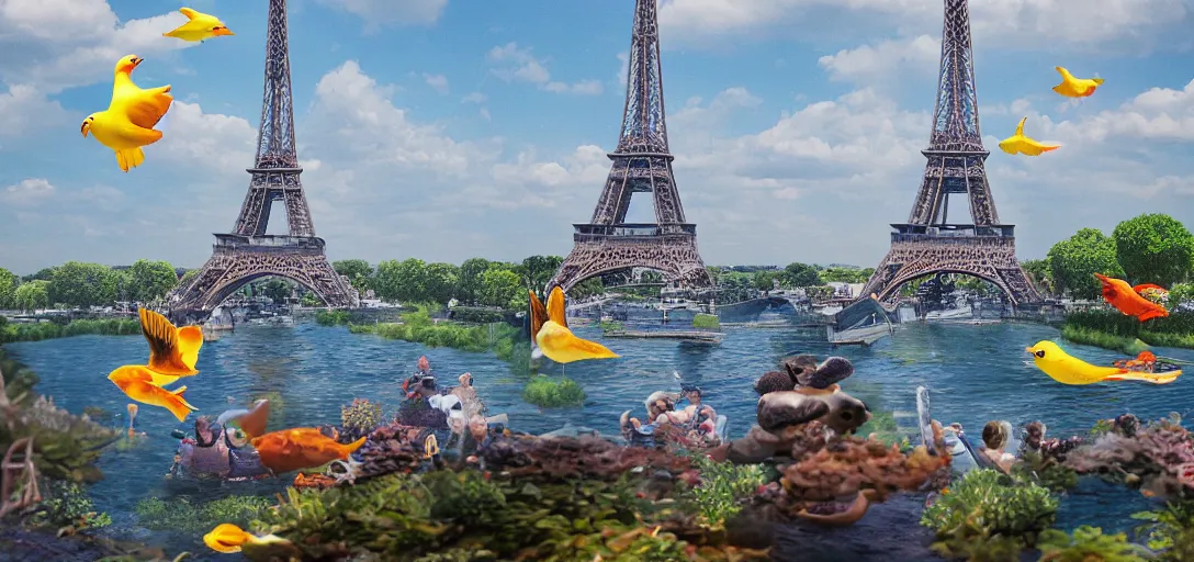 Image similar to super realistic, diver, Eiffel Tower, pond, rubber ducks, ultra high definition