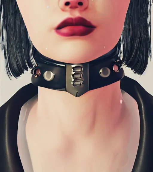 Image similar to detailed realistic female character cyberpunk wearing thick steel collar around neck, realistic, art, beautiful, 4K, collar, choker, collar around neck, punk, artstation, detailed, female, woman, choker, cyberpunk, neon, punk, collar, choker, collar around neck, thick collar, tight around neck, punk, choker