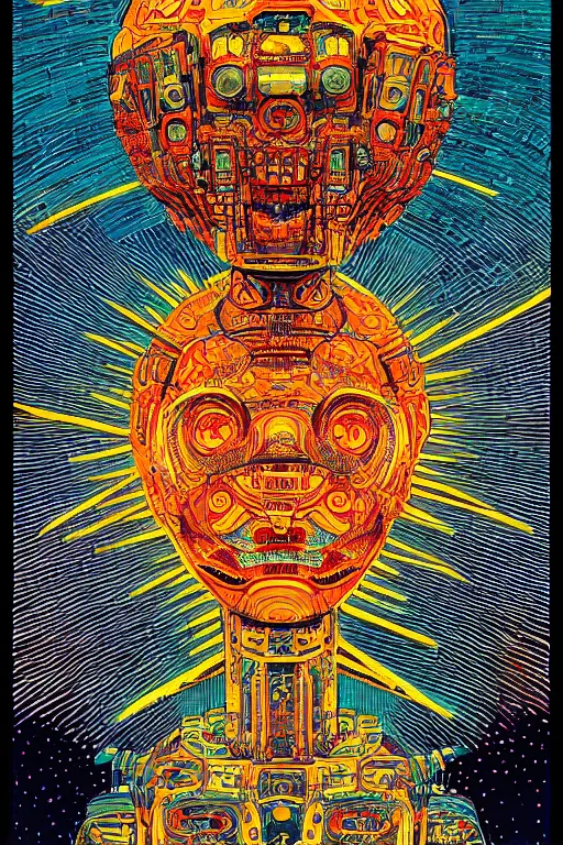 Prompt: a painting of a blazing geometric sun above a totem of robot heads, detailed, 4 k, by stanley donwood philippe druillet and victo ngai,