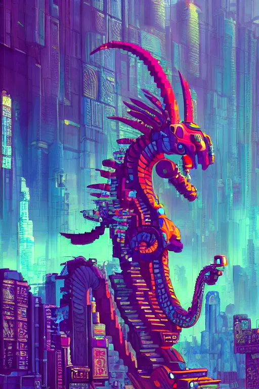 Prompt: A beautiful painting of quetzalcoatl in cyberpunk gotic style, pixelart by Studio Ghibli and Moebius, octane render, zbrush, extremely detailed, pastel colors, trending on artstation