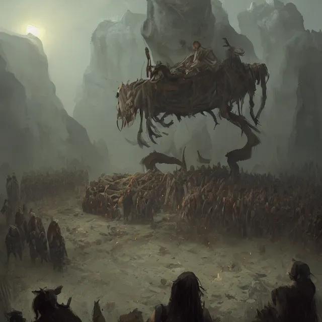 Image similar to a painting of a stone age funeral by greg rutkowski, dark fantasy art, high detail, trending on artstation