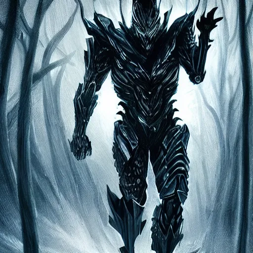 Image similar to extremely detailed artwork of an armored dark figure in a dark evil forest, super sayan, glowing hands, Sauron, Ultron, speedster, fantasy art, fog,