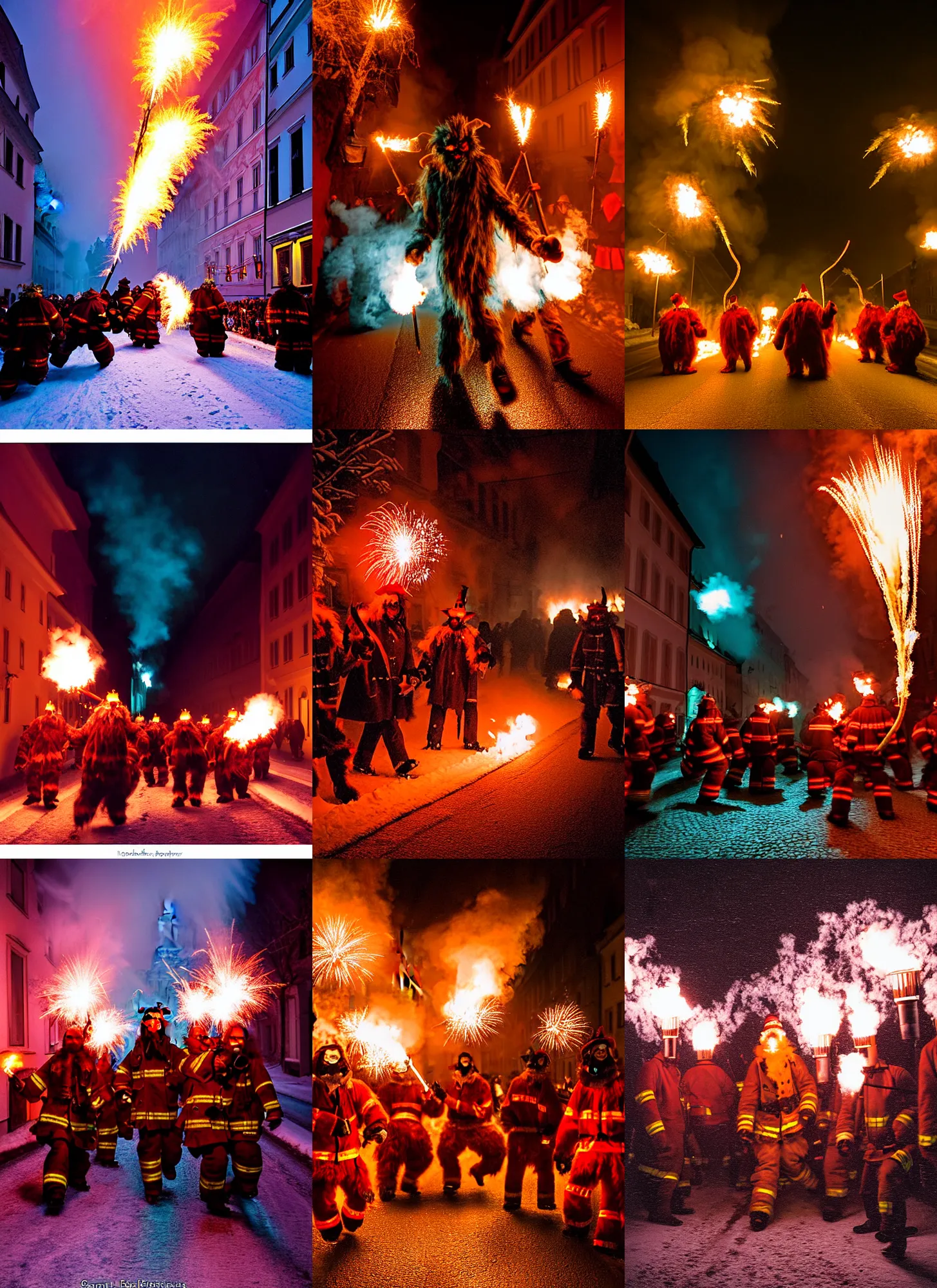 Image similar to kodak portra 4 0 0, winter, hellfire, award winning dynamic photograph of a bunch of hazardous krampus between fire barrels by robert capas, motion blur, in a narrow lane in salzburg at night with colourful pyro fireworks and torches, teal lights