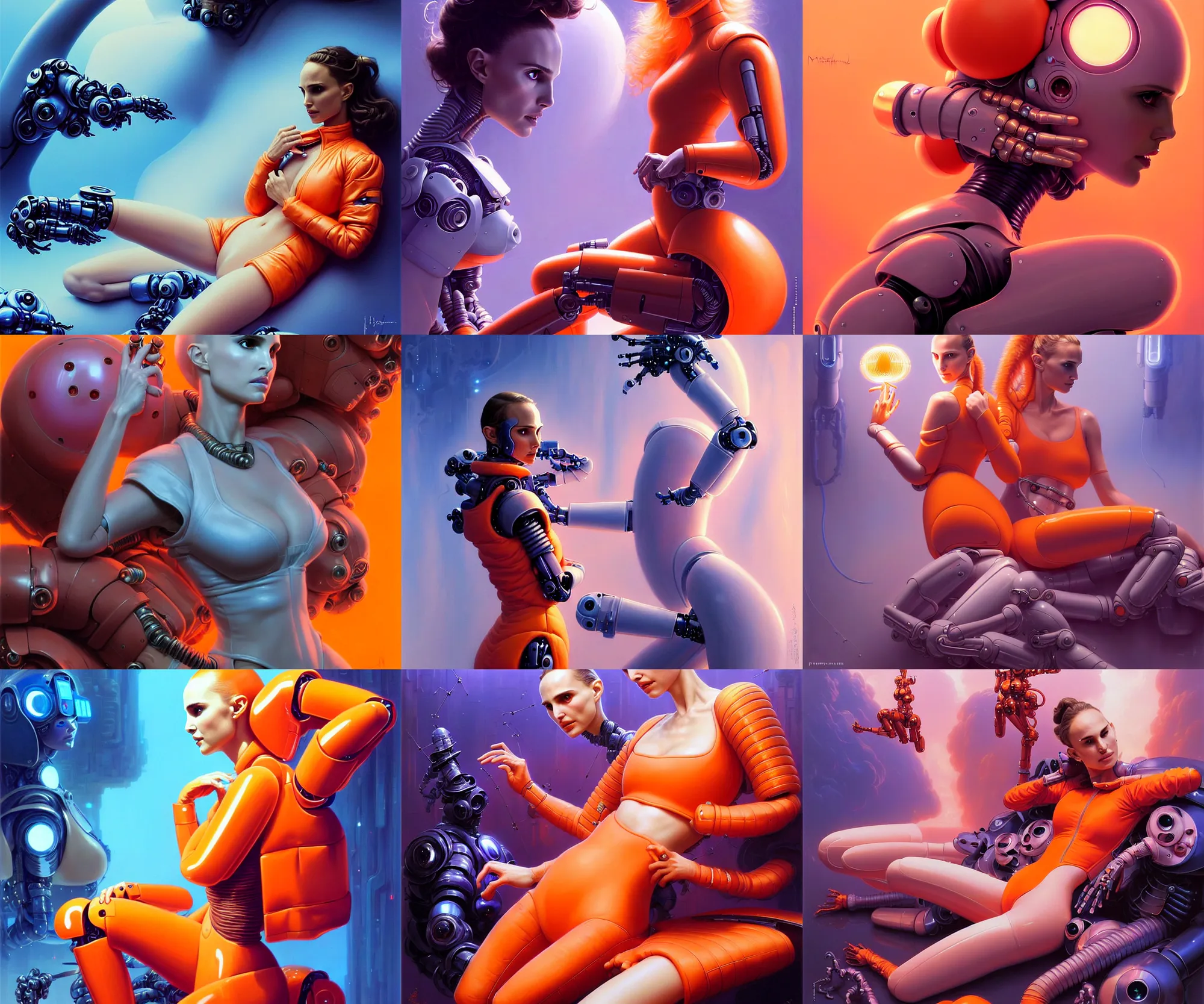 Prompt: beautiful fantasy character portrait, natalie portman, wearing orange puffy bomber jacket with leotard, seductive reclining pose, futuristic robots, ultra realistic, dramatic lighting, robots, the fifth element artifacts, highly detailed by peter mohrbacher, hajime sorayama, wayne barlowe, boris vallejo, aaron horkey, gaston bussiere, craig mullins