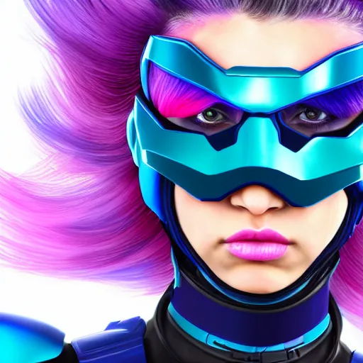 Image similar to a stunning upper body portrait of a beautiful young woman wearing futuristic navy blue and teal battle bodyarmor and pauldrons and ombre purple and pink hairstyle with hair blowing in the wind, by marvel comics, outrun, vaporware, highly detailed, fine detail, intricate, digital art, trending on artstation