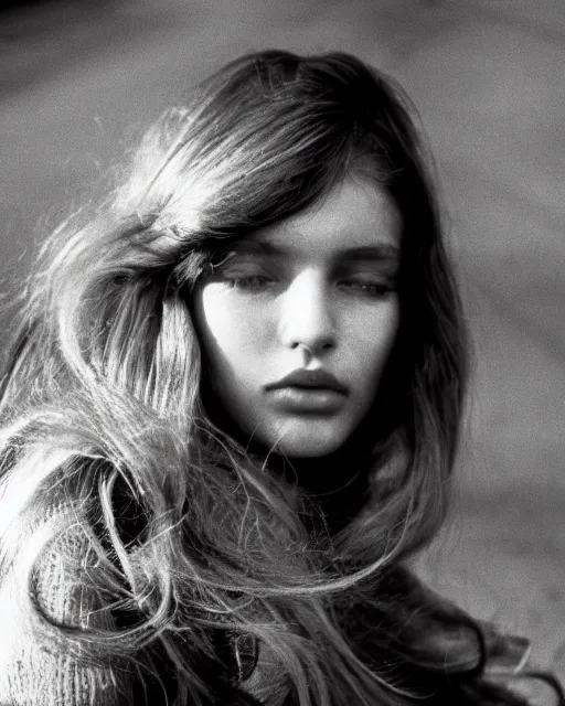 Image similar to photography from 7 0 s, close - up portrait of young fashion model face, soft light, golden hour, in style of street photography from 1 9 7 0