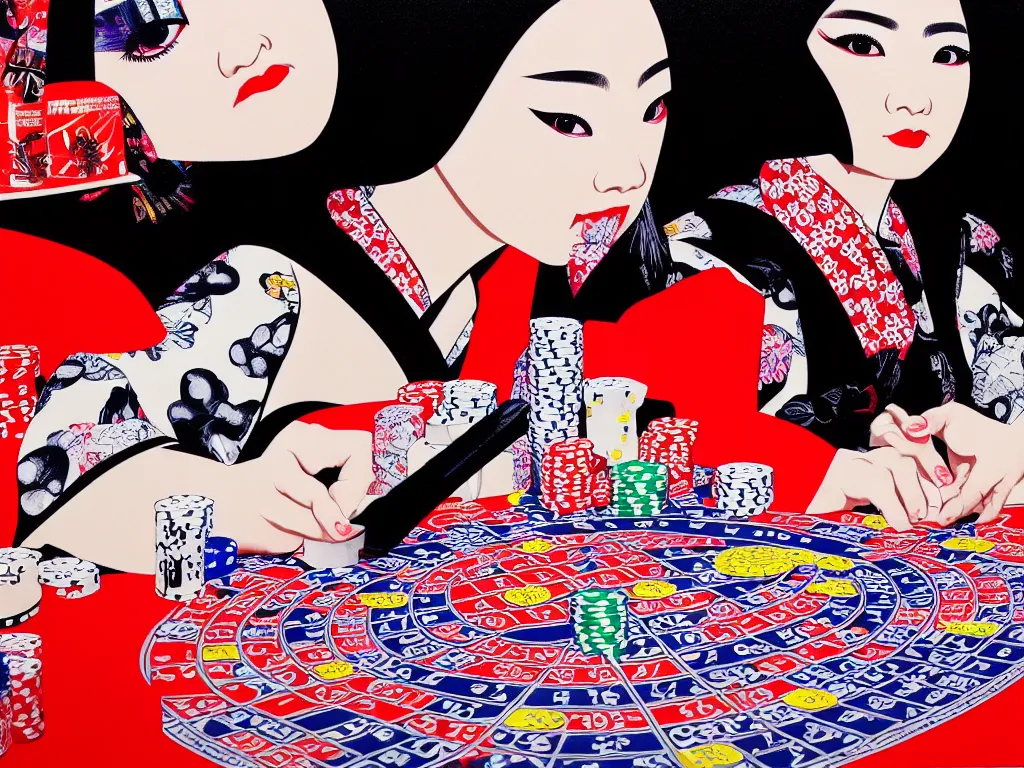 Image similar to hyperrealism composition of the detailed woman in a japanese kimono sitting at an extremely detailed poker table with darth vader, fireworks on the background, pop - art style, jacky tsai style, andy warhol style, acrylic on canvas