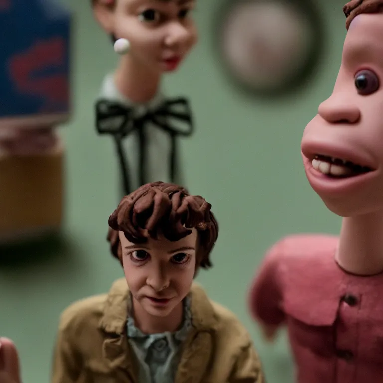 Image similar to a cinematic film still of a claymation stop motion film stranger things, portrait, shallow depth of field, 8 0 mm, f 1. 8