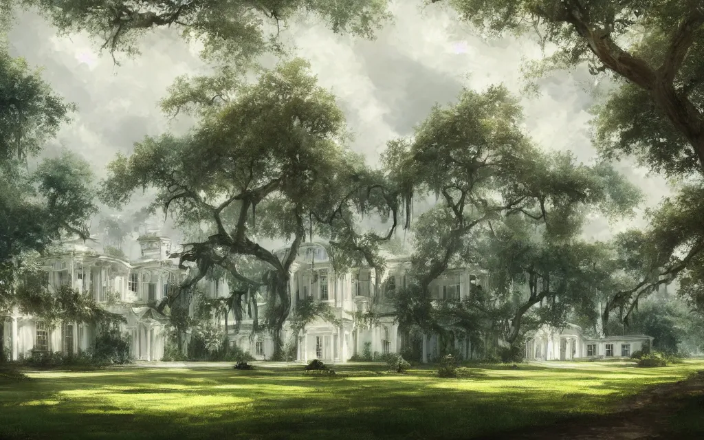 Prompt: a white manor house on a lush southern plantation with a tree-lined driveway, romanticism, hyperdetailed, artstation, cgsociety, 8k, masterpiece, sharp