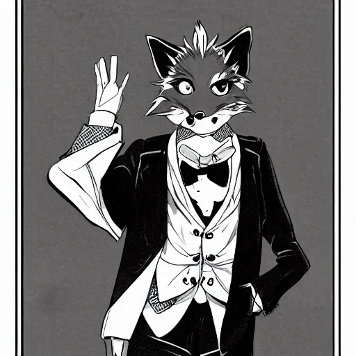 Image similar to official manga line art of a closeup of an anthropomorphic furry male fox wearing a fancy tuxedo, handsome eyes and smile, studio anime line art