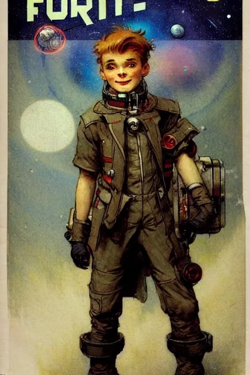 Image similar to ( ( ( ( ( 2 0 5 0 s retro future 1 0 year old boy super scientest in space pirate mechanics costume full portrait. muted colors. ) ) ) ) ) by jean baptiste monge, pulp cover!!!!!!!!!!!!!!!!!!!!!!!!!!!!!!