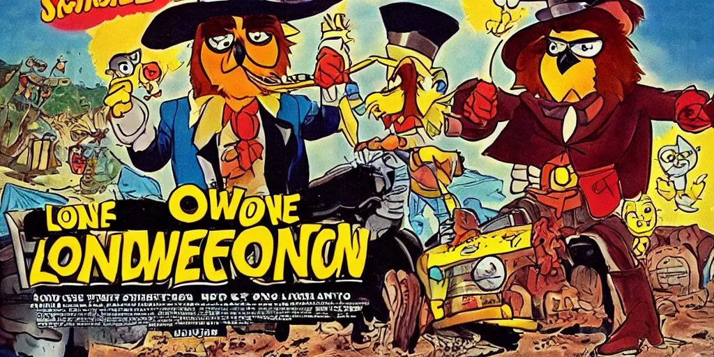 Prompt: saturday morning cartoon shot of an owl dressed as the lone ranger, style of garfield and friends, 199a0s