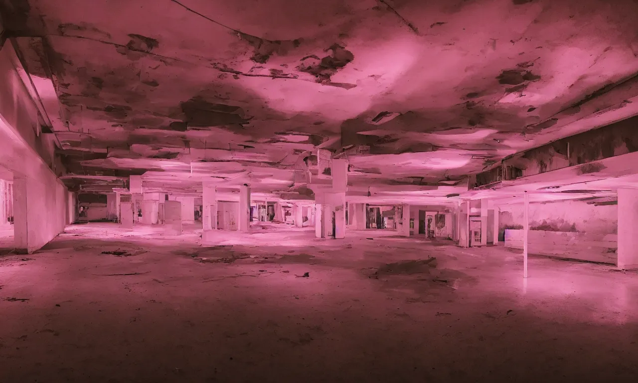 Prompt: backrooms abandoned mall, ominous neon pink lighting, moldy walls and shallow water, shadowy tall figures in the distance