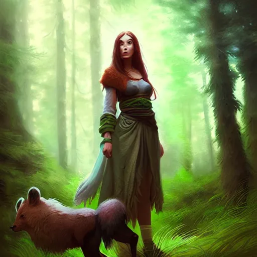 Image similar to a pretty female druid surrounded by forest animals, digital painting, photorealistic, in the style of greg rutkowski, highly detailed, cinematic
