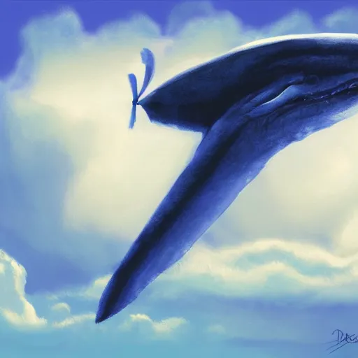 Prompt: concept art, blue whale fly in the cloud, digital painting