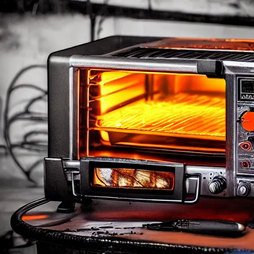 Prompt: toaster oven shangig by metallic cables, symmetry, dark messy smoke - filled cluttered workshop, dark, dramatic lighting, orange tint, sparks, cinematic, highly detailed, sci - fi, futuristic, movie still