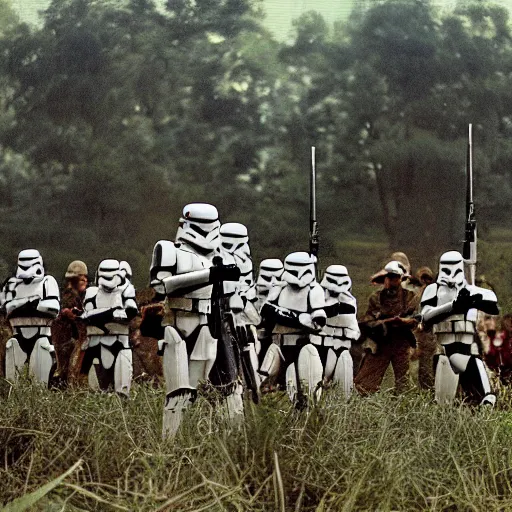 Image similar to star wars clone troopers offer aid to soldiers in vietnam, photo, old picture, lush landscape, field, firearms, war, bombs, explosions, x - wings, tie fighters, aerial combat, active battle zone, in trenches, star wars droid battle, jedi master, land mines, gunfire, grenades, violence