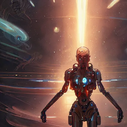 Image similar to cyborg droid entanglement milky way, epic lighting, sketch illustration, ultra detailed, art by artgerm and greg rutkowski and alphonse mucha