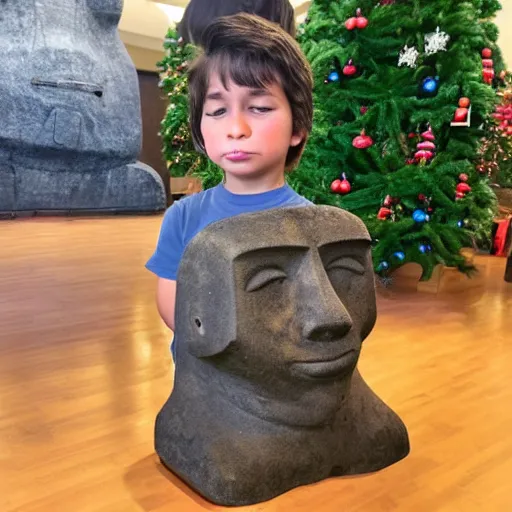 Image similar to a kid with a pouty face looking very dissapointed that his christmas present was a large moai statue with a bow on it | iphone photograph