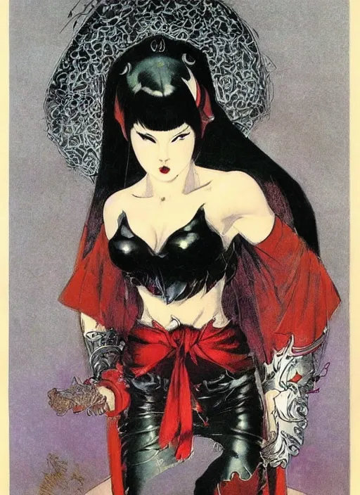 Image similar to portrait of mighty korean vampiress, jeweled veil, strong line, saturated color, beautiful! coherent! by frank frazetta, high contrast, minimalism