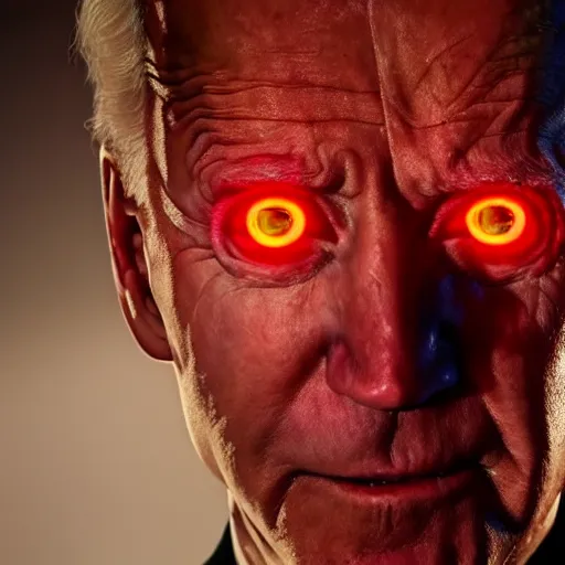 Image similar to cinematic shot of joe biden with glowing red eyes wearing dark combat armor, 8 k, very intricate, very detailed,