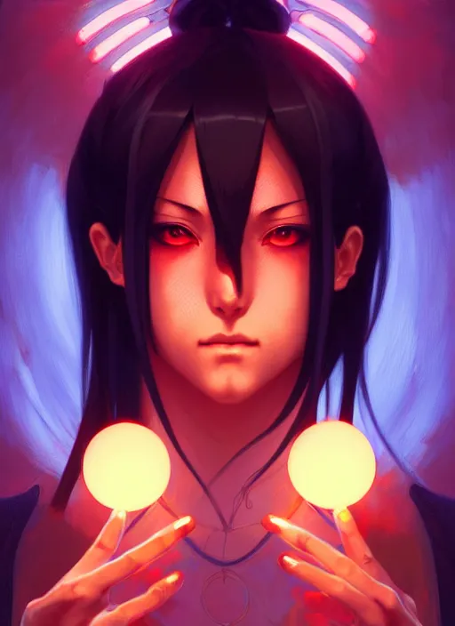 Image similar to symmetry!! itachi, glowing lights!! intricate, elegant, highly detailed, digital painting, artstation, concept art, smooth, sharp focus, illustration, art by artgerm and greg rutkowski and alphonse mucha