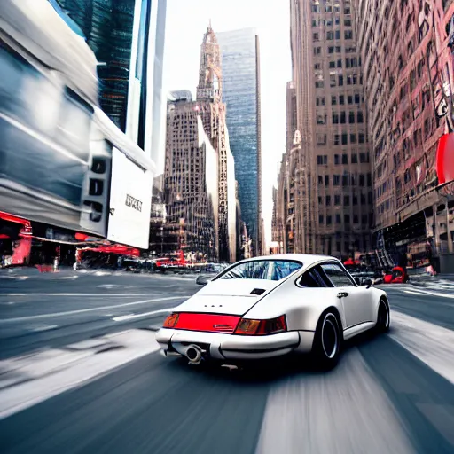 Prompt: photo of a porsche 9 1 1 9 6 4 drifting through nyc, cinematic, motion blur, shallow dof, 3 5 mm, heli shot, macro