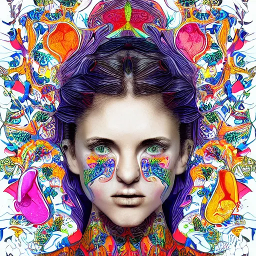 Image similar to the portrait of a beautiful young woman partially made up of bell peppers of all colors, an ultrafine detailed illustration by james jean, intricate linework, bright colors, final fantasy, behance contest winner, vanitas, angular, altermodern, unreal engine 5 highly rendered, global illumination, radiant light, detailed and intricate environment