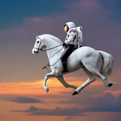 Image similar to photograph of an astronaut riding a Pegasus flying above the sky