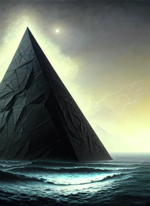 Image similar to a black pyramid emerging from ocean, a scenic dystopian environment, lovecraftian, intricate, elegant, highly detailed, centered, digital painting, artstation, concept art, smooth, sharp focus, illustration, artgerm, tomasz alen kopera, peter mohrbacher, donato giancola, joseph christian leyendecker, wlop, boris vallejo