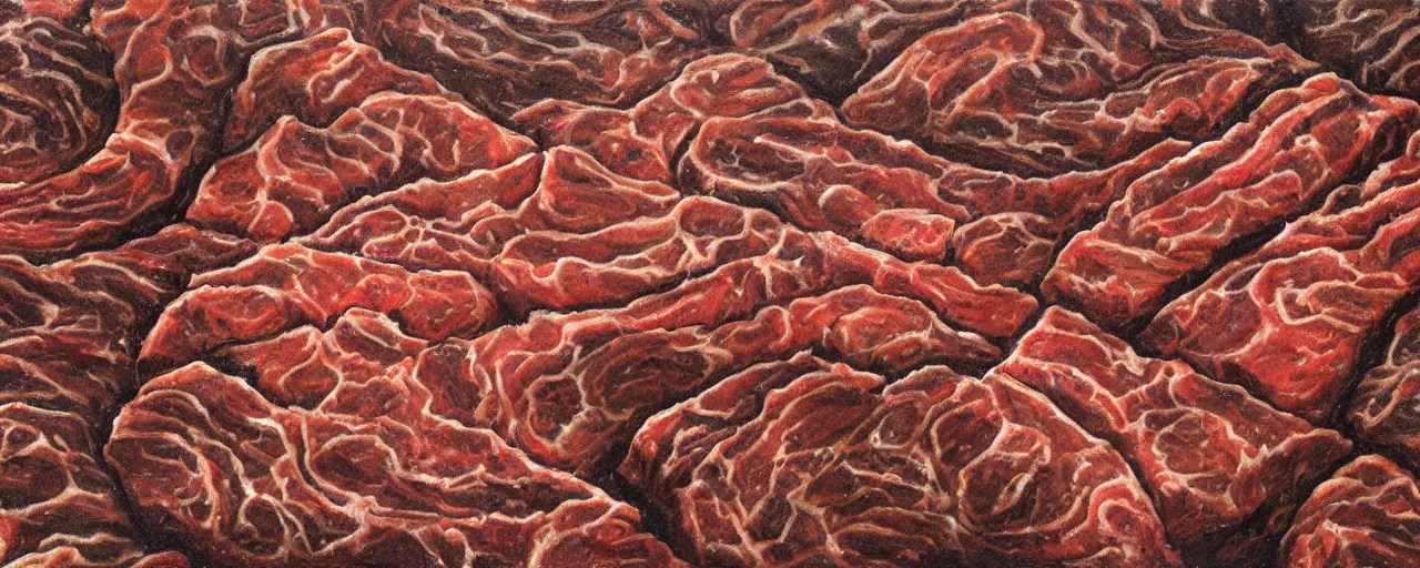 Prompt: Surface of a planet made out of meat. Mountains of beef, rivers of gravy. Classic painting, award winning, highly detailed