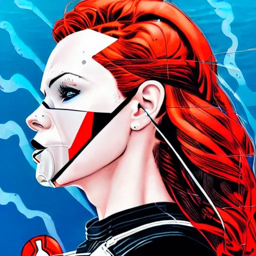 Prompt: a profile photo of a red head woman with a diving oxygen mask with side profile blood in ocean intricate details by MARVEL comics and Sandra Chevrier-C