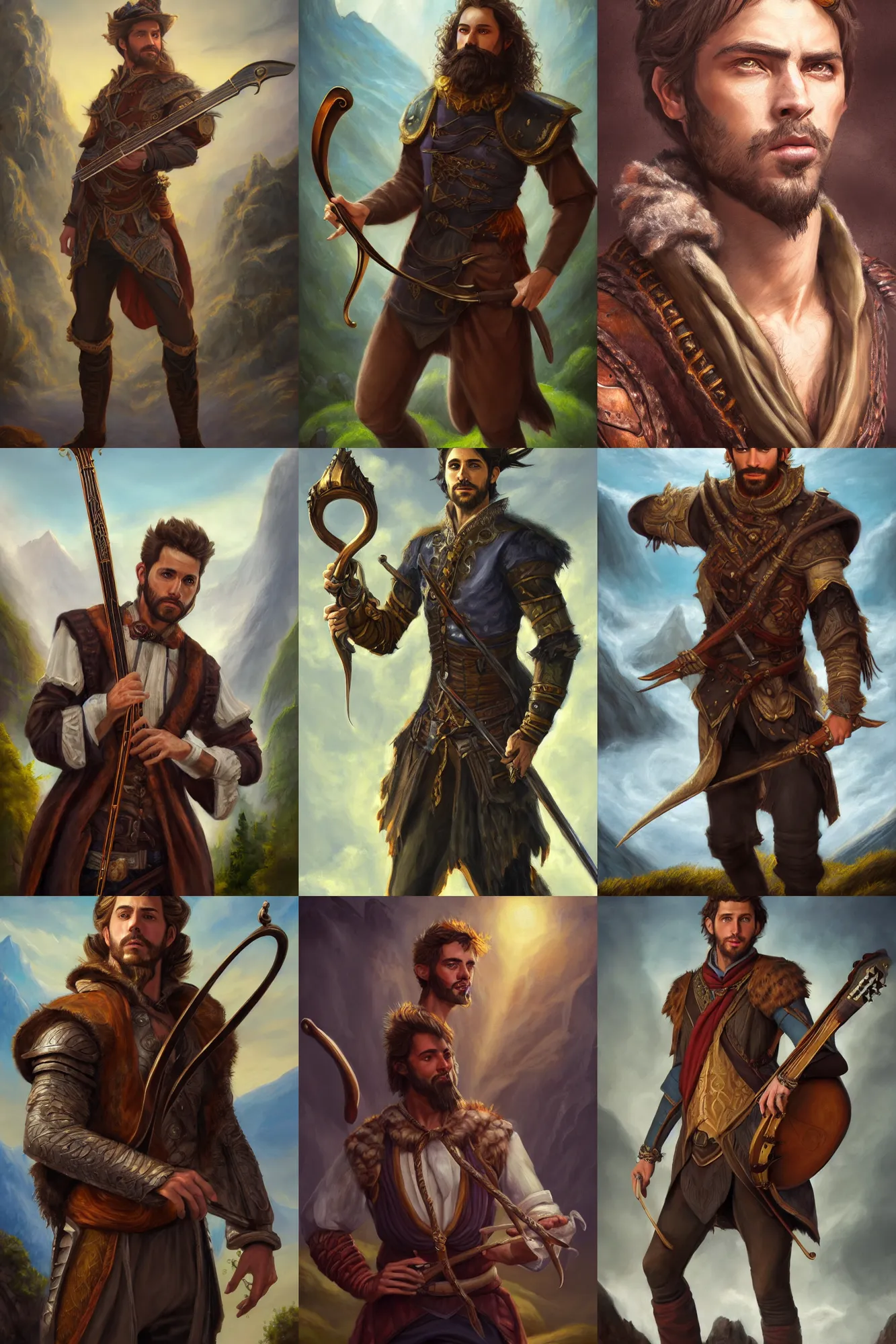 Image similar to a full body high detail fantasy portrait oil painting illustration of a single handsome male bard by justin sweet with face and body clearly visible, in a scenic background, intense eyes, realistic proportions, d & d, rpg, forgotten realms, artstation trending, high quality, sombre mood, artstation trending, muted colours, entire person visible!