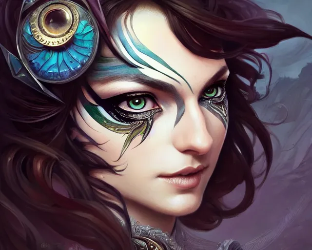 Image similar to eye makeup inspired by a magpie, deep focus, d & d, fantasy, intricate, elegant, highly detailed, digital painting, artstation, concept art, matte, sharp focus, illustration, hearthstone, art by artgerm and greg rutkowski and alphonse mucha