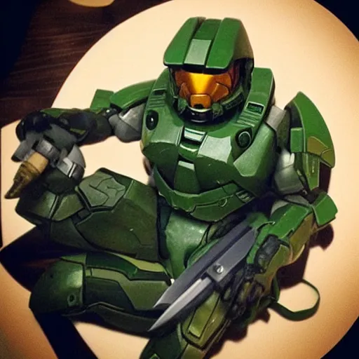 Prompt: “ master chief from the game halo, smoking weed with a joint in his mouth, enjoying the weed. ”