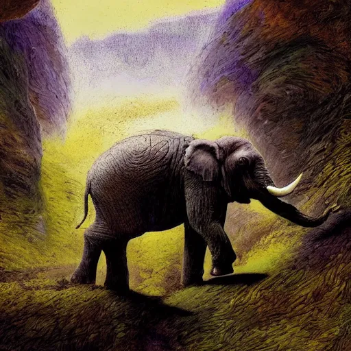 Image similar to purple elephant running stuck in a cave, close up camera angle, raining, mountain behind meadow, menacing, illustration, detailed, smooth, soft, cold, by Adolf Lachman, Shaun Tan, Surrealism