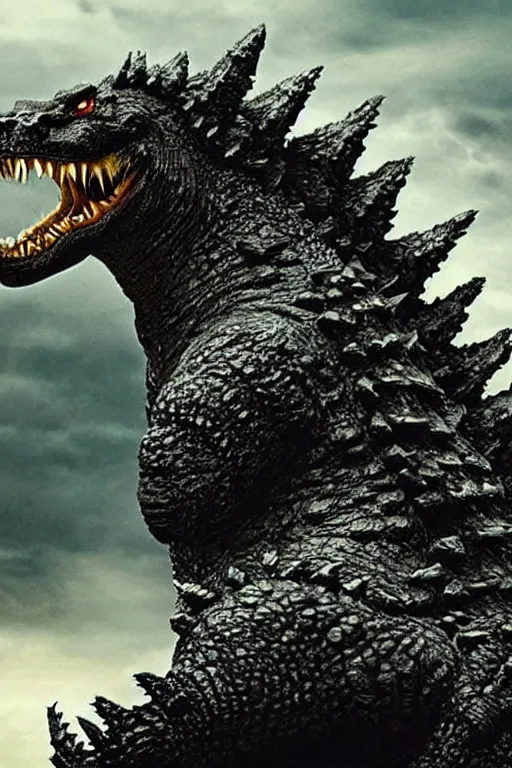 Image similar to Godzilla, kaiju, beast, crocodile, sharp teeth, scary look, angry