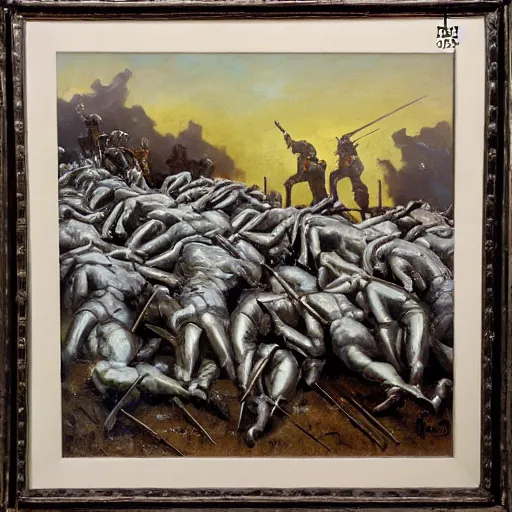 Image similar to oil painting of a ground covered in medieval silver soldier corpses, war, storm dawn, by Frank Frazetta, by Georgia O Keeffe