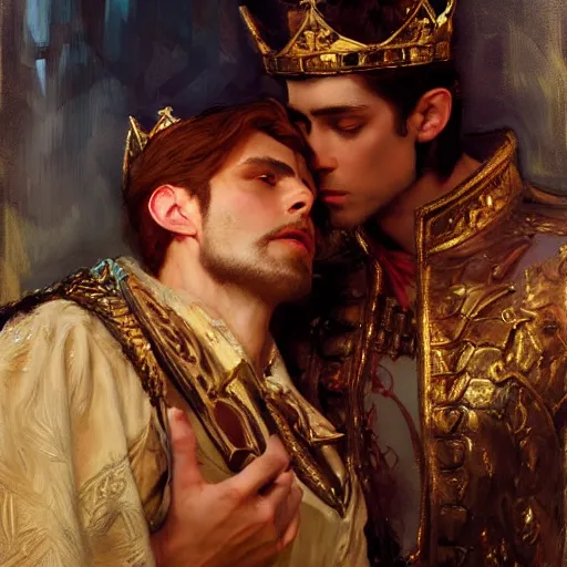 Image similar to attractive fully clothed king confesses his love for his attractive fully clothed male prince. highly detailed painting by gaston bussiere, craig mullins, j. c. leyendecker 8 k