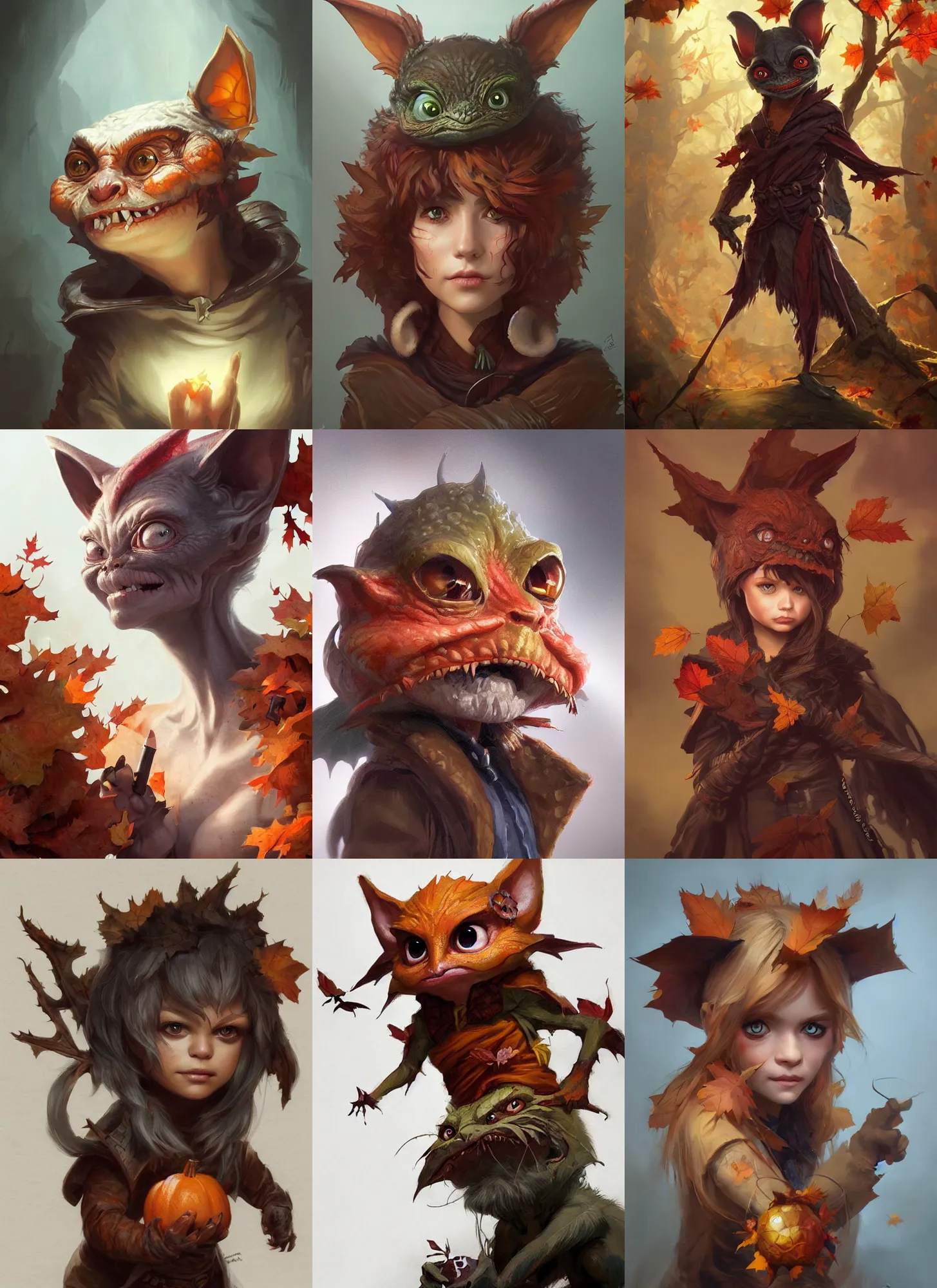 Prompt: cute autumnal gremlin, d & d, fantasy, portrait, highly detailed, digital painting, trending on artstation, concept art, sharp focus, illustration, art by artgerm and greg rutkowski and magali villeneuve