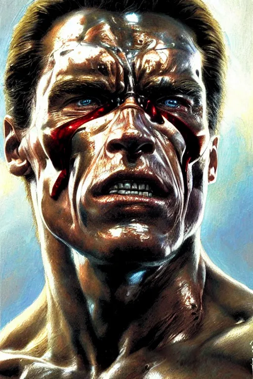 Image similar to muscular arnold schwarzenegger as terminator, exhausted face close up, highly detailed painting by gaston bussiere, craig mullins, j. c. leyendecker 8 k